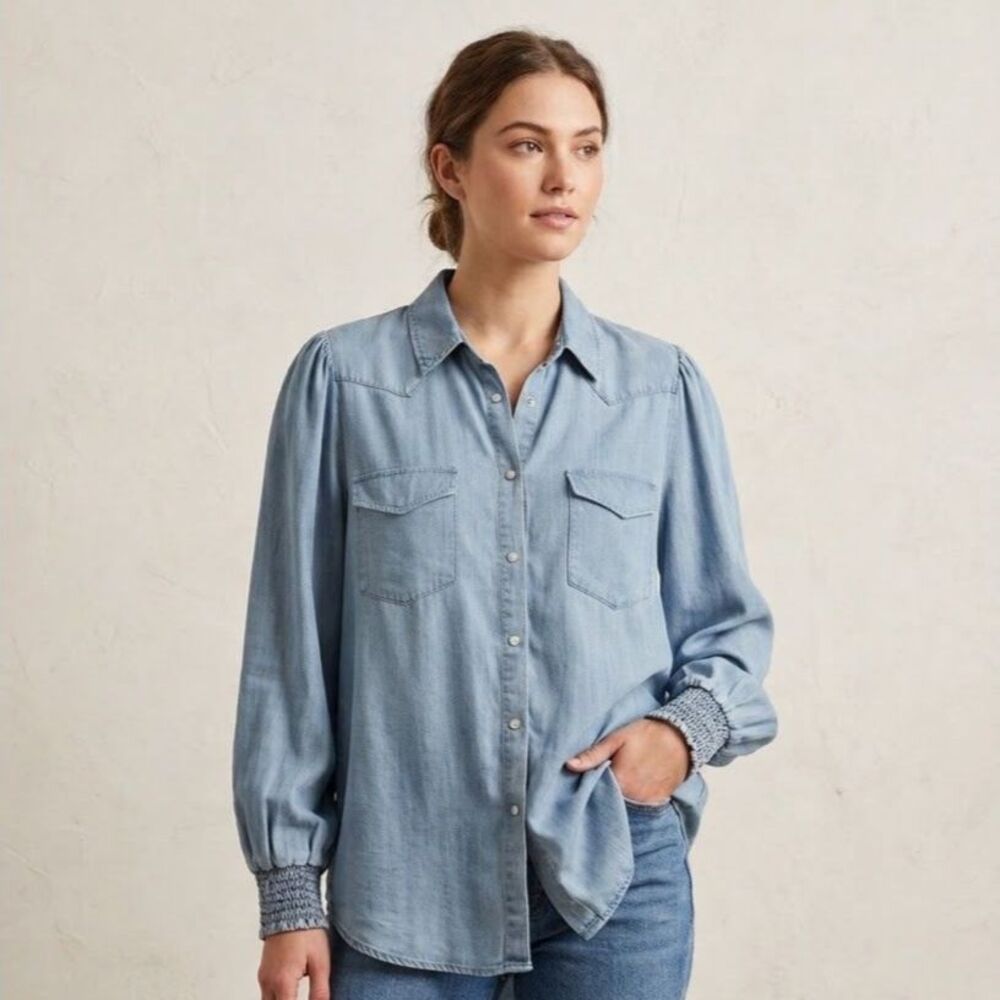 White Birch Western Chambray Pearl Snap Shirt Womens Sz XL Feminine Tencel Denim